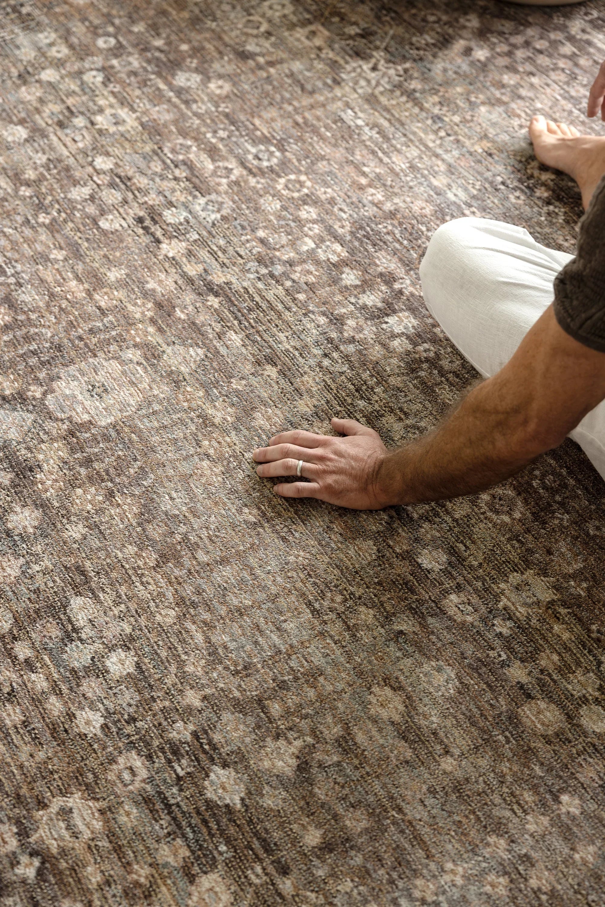 Darren Palmer Moorland Fig Rug distressed pattern in chocolate brown, taupe and cream on warm beige, hand-tufted wool