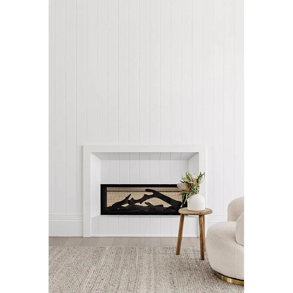Darren Palmer Paperbark Oatmeal Rug featuring textured weave in oatmeal, beige and cream on white backdrop, hand-tufted wool
