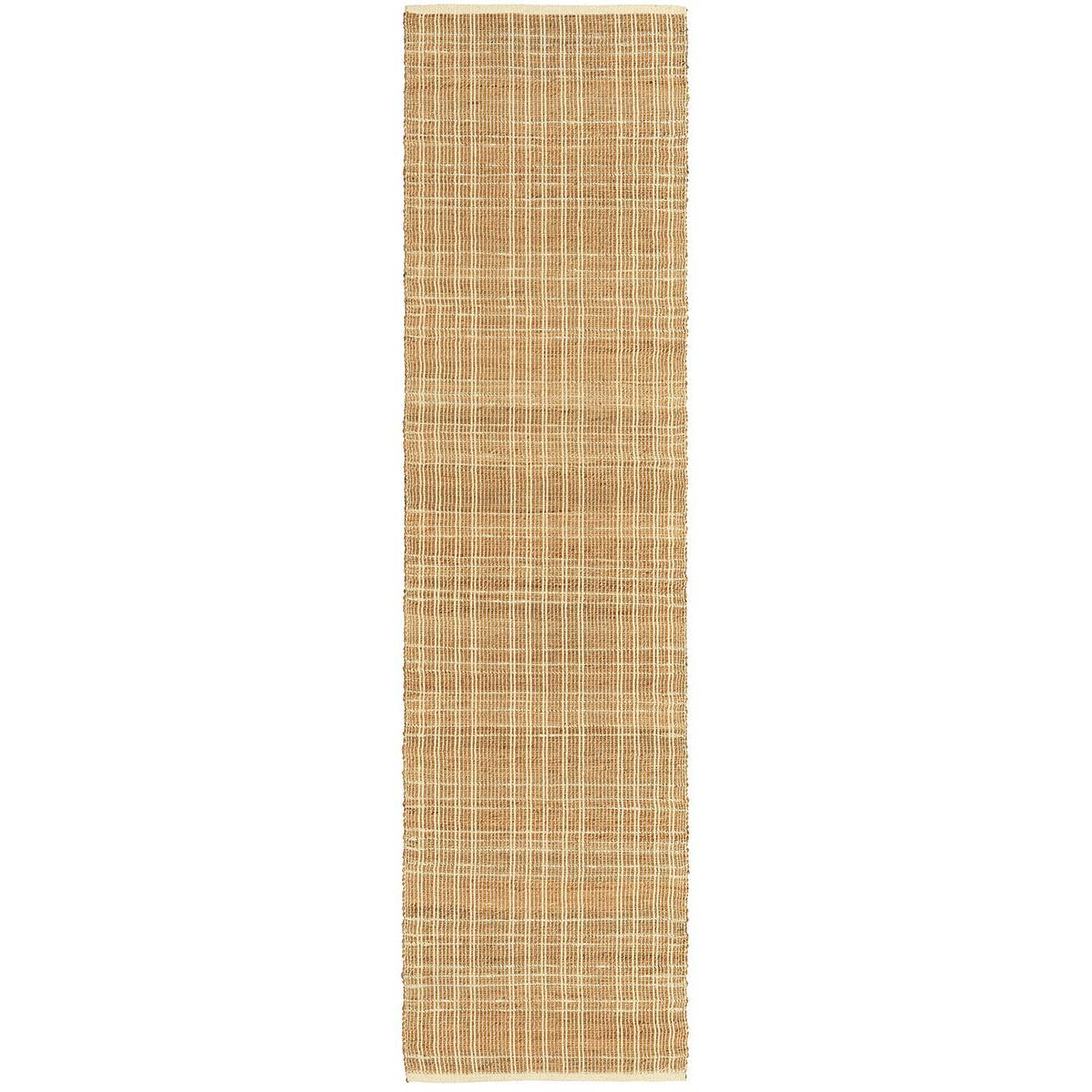 Darren Palmer Plaid Sandstone Runner Rug featuring plaid pattern in sandstone, beige, cream and taupe on white background, woven wool