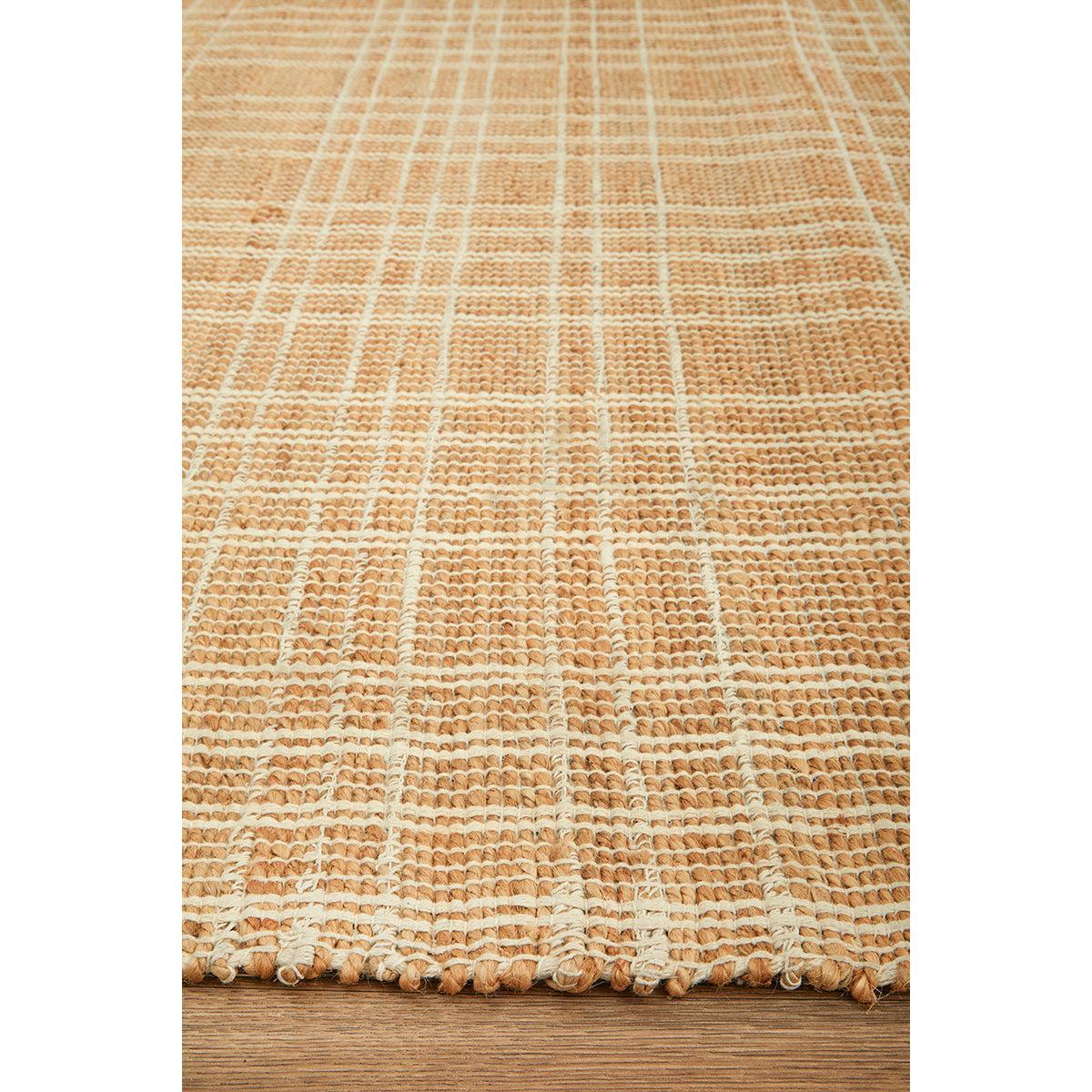 Darren Palmer Plaid Sandstone Runner Rug featuring plaid in sandstone, cream and beige on wood floor, handwoven wool