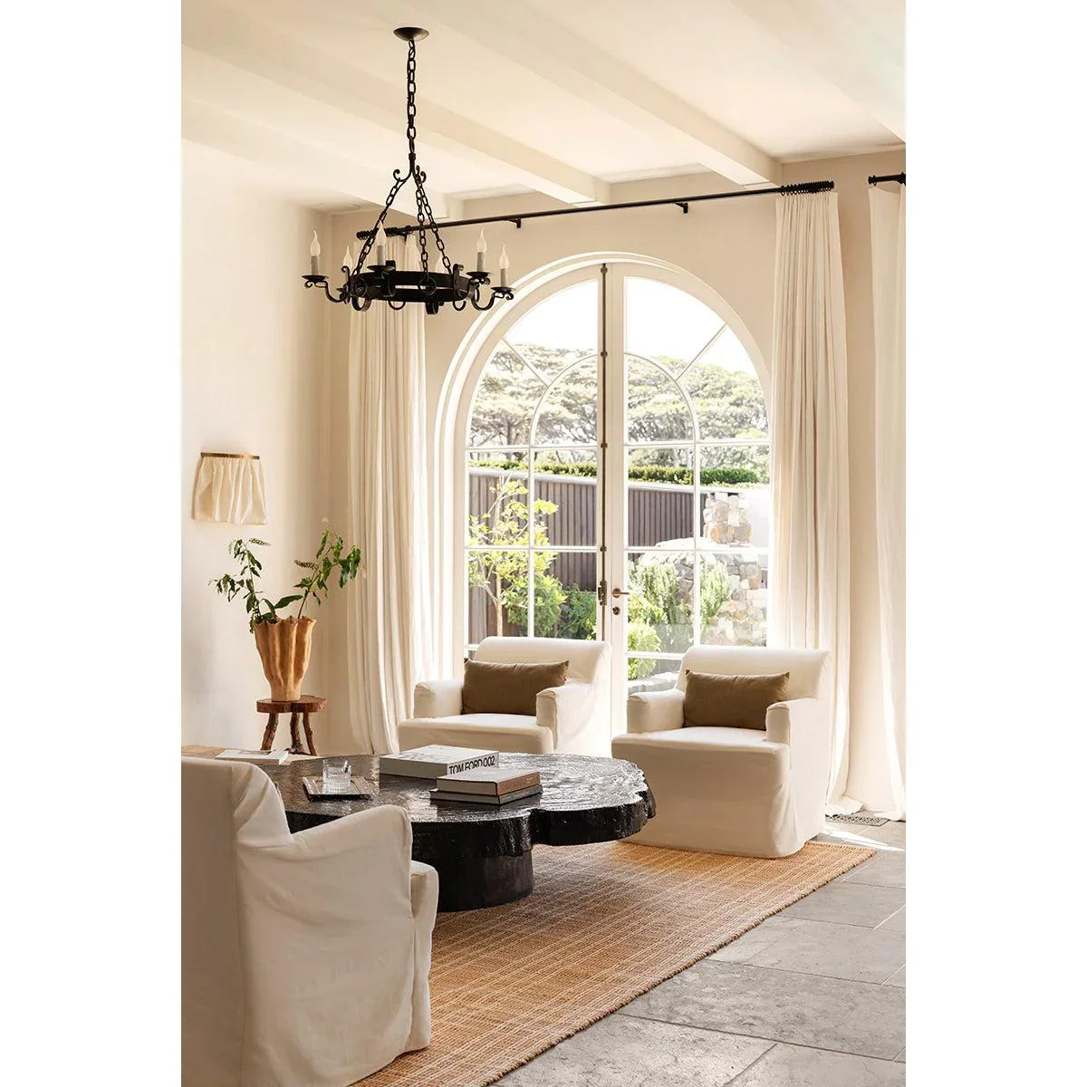 Darren Palmer Plaid Sandstone Rug featuring woven texture in sandstone beige on light gray stone floor, handwoven jute.