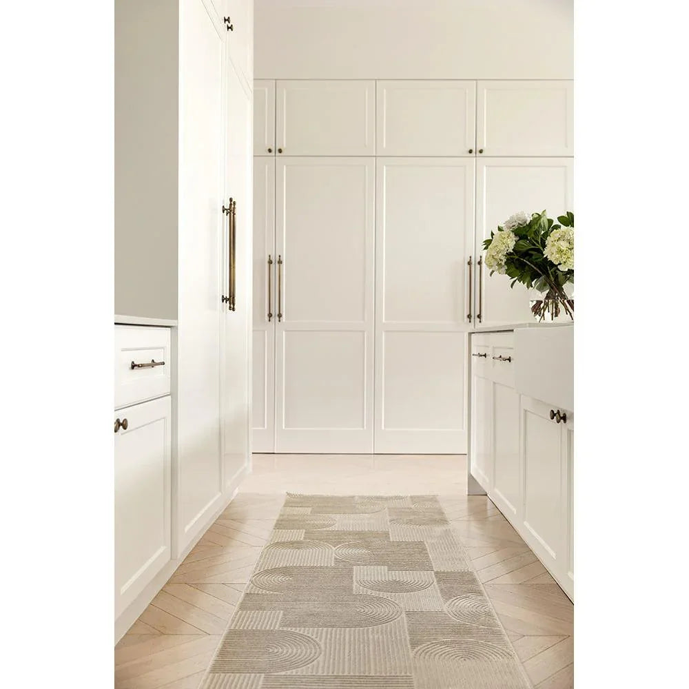 Darren Palmer Raking Linen Runner Rug featuring linear motif in cream, beige and taupe on pale oak floor, linen