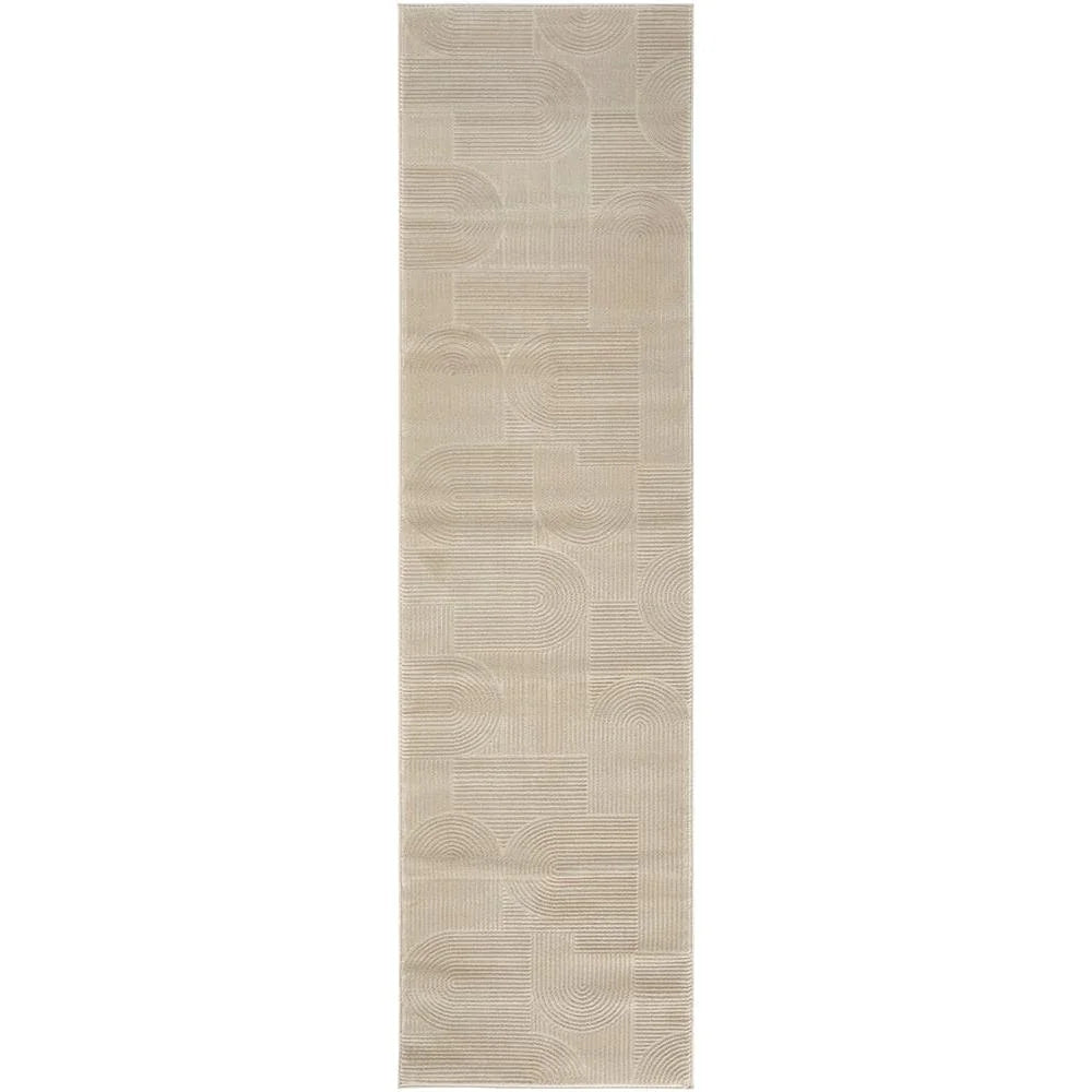 Darren Palmer Raking Linen Rug featuring geometric patchwork in beige, cream and taupe on white background, machine-made linen