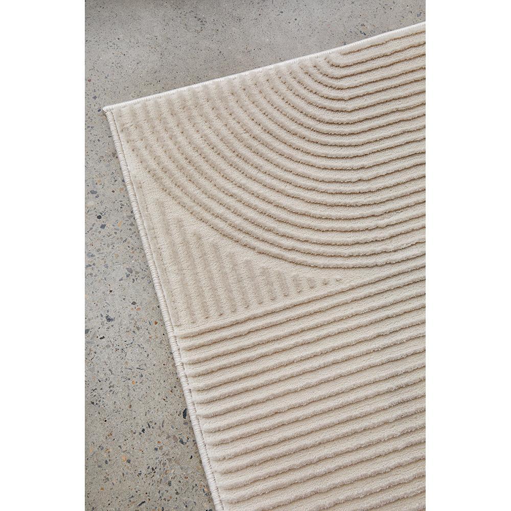 Darren Palmer Raking Linen Runner Rug featuring ribbed circular pattern in cream, beige, taupe on grey, hand-tufted linen