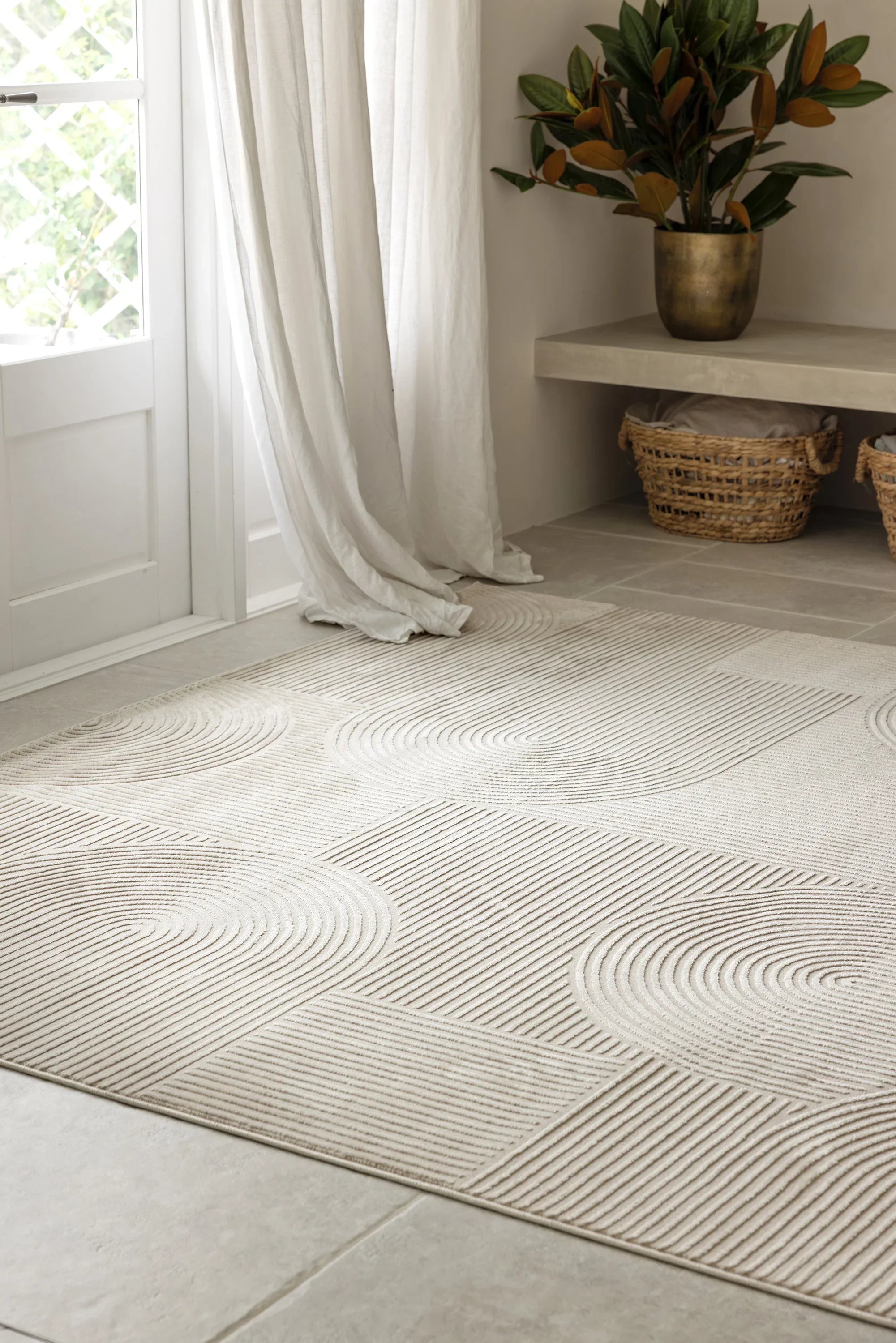 Darren Palmer Raking Linen Rug featuring geometric pattern in cream taupe and beige on ivory background handwoven linen