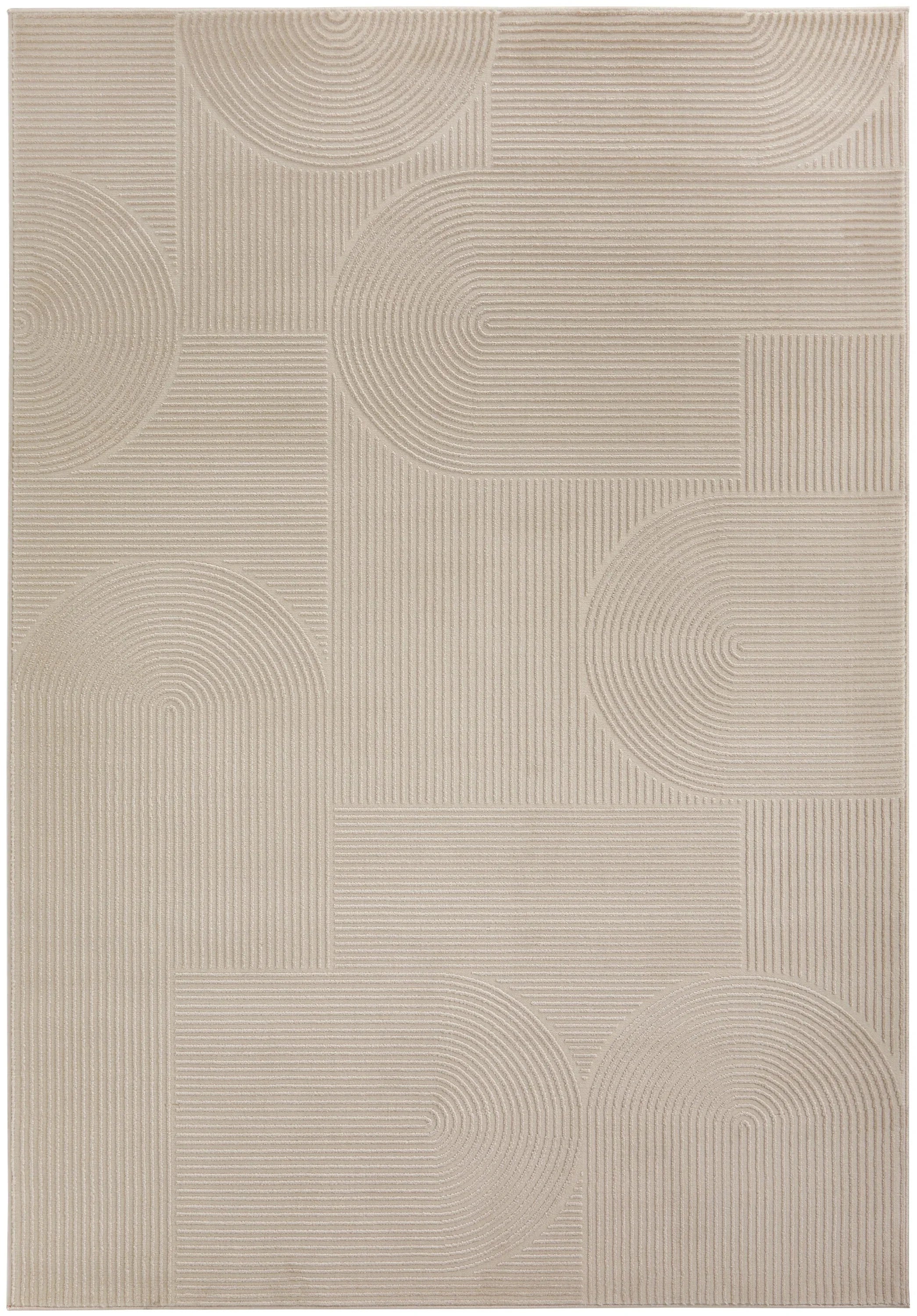 Darren Palmer Raking Linen Rug featuring circular-linear geometric pattern in cream beige taupe on ivory woven linen