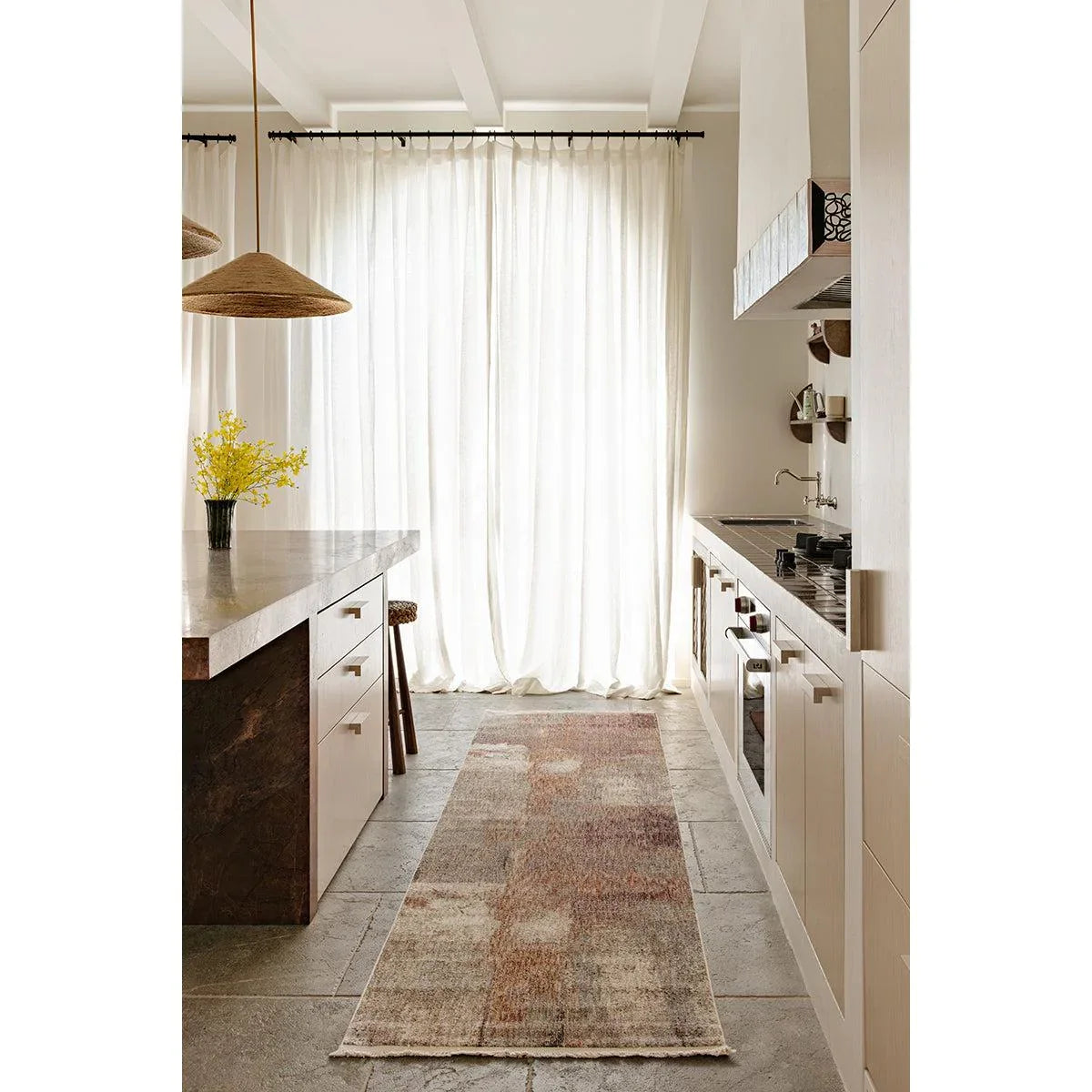 Darren Palmer Sierra Dusk Runner Rug featuring distressed design in dusty rose, taupe, beige on grey, machine-made wool