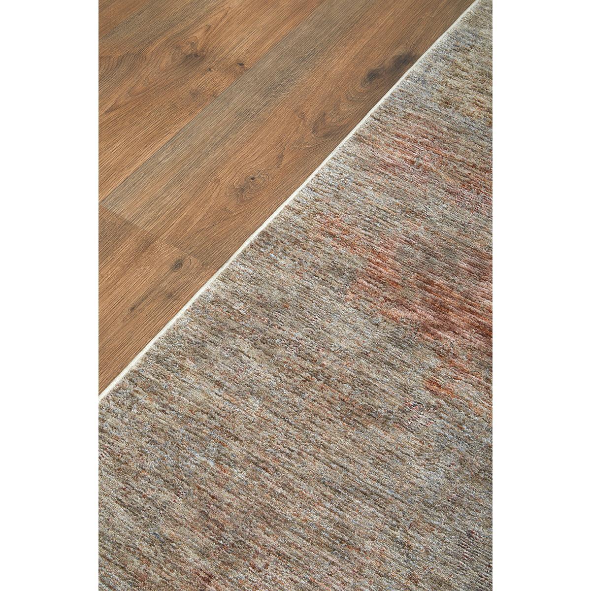Darren Palmer Sierra Dusk Rug featuring distressed abstract pattern in taupe, rust and cream on beige, tufted wool