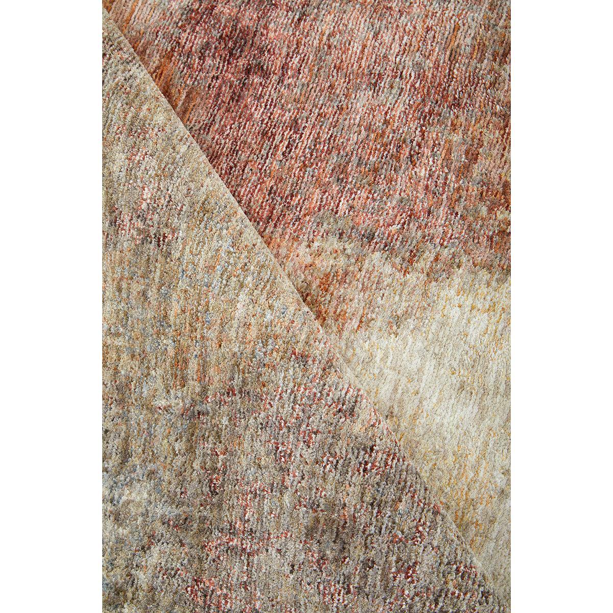 Darren Palmer Sierra Dusk Rug distressed abstract pattern in rust red, ochre, cream on cream background, tufted wool