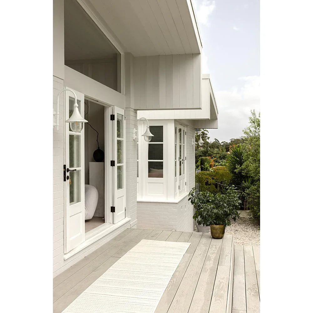 Darren Palmer Sandridge Cream Indoor/Outdoor Runner Rug featuring texture in cream and ivory on light grey deck; unknown