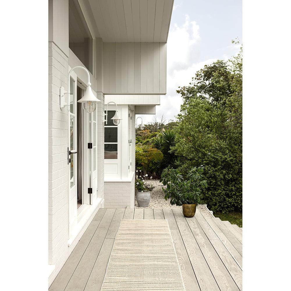 Darren Palmer Sandridge Taupe Runner Rug featuring striped pattern in cream & beige on grey deck, woven polypropylene