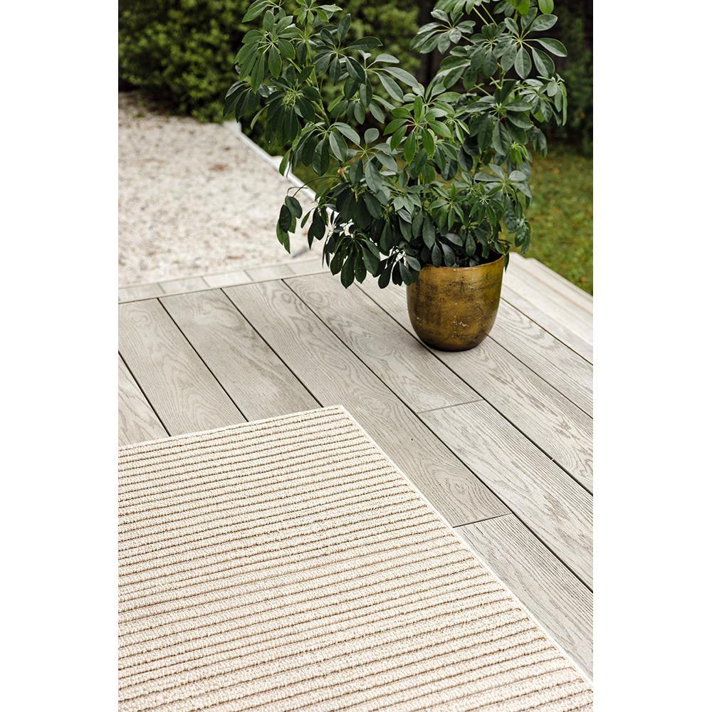 Darren Palmer Sandridge Taupe Indoor/Outdoor Runner Rug featuring ribbed pattern in taupe, beige and ivory on light grey background, power-loomed polypropylene