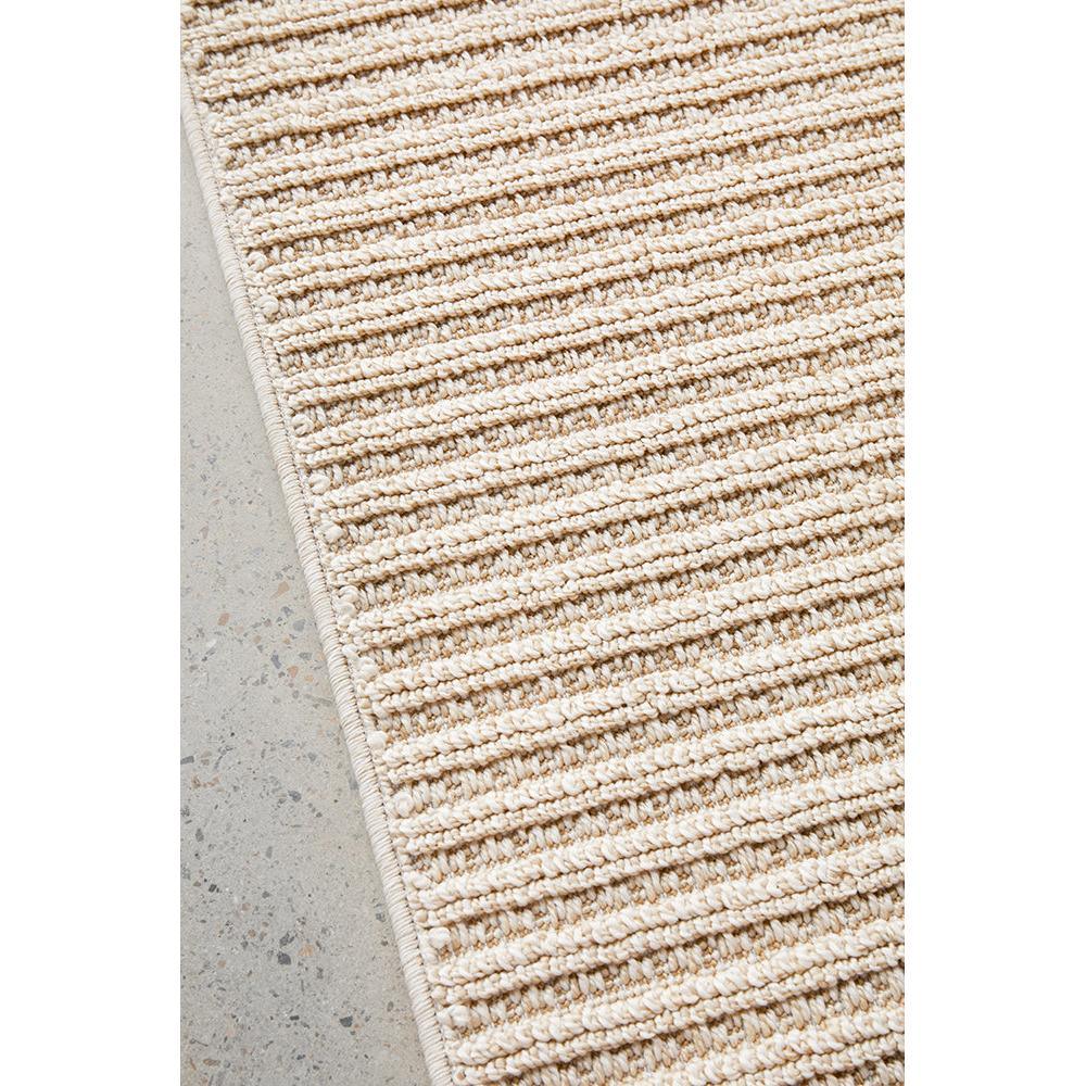 Darren Palmer Sandridge Taupe Indoor/Outdoor Runner Rug featuring textured ribbed stripes in taupe, cream and beige on light grey background, machine-made polypropylene