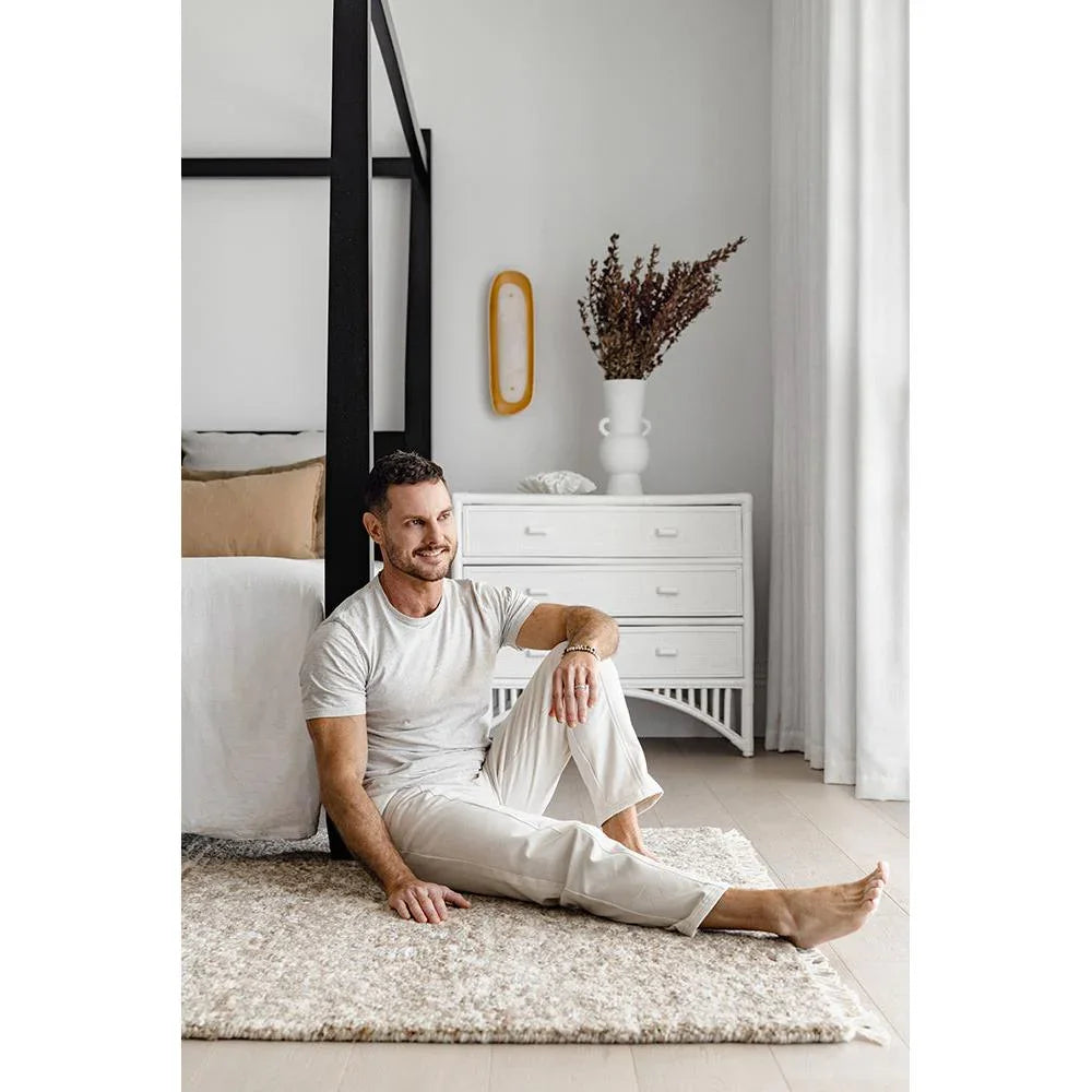 Darren Palmer Travertine Brown Rug featuring plush shag texture in cream, beige and ivory on pale grey floor, hand-tufted wool