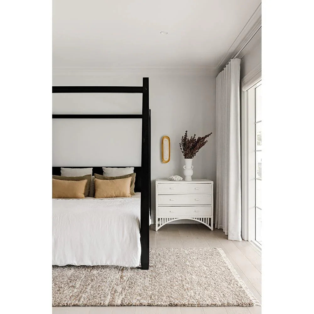 Darren Palmer Travertine Brown rug featuring textured boucle weave in beige, taupe and ivory on light floor, powerloomed wool