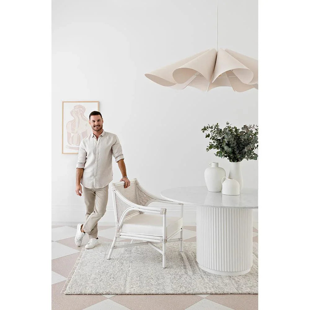 Darren Palmer Travertine Silver Rug featuring textured pattern in silver-grey, stone and cream on white, machine-made wool
