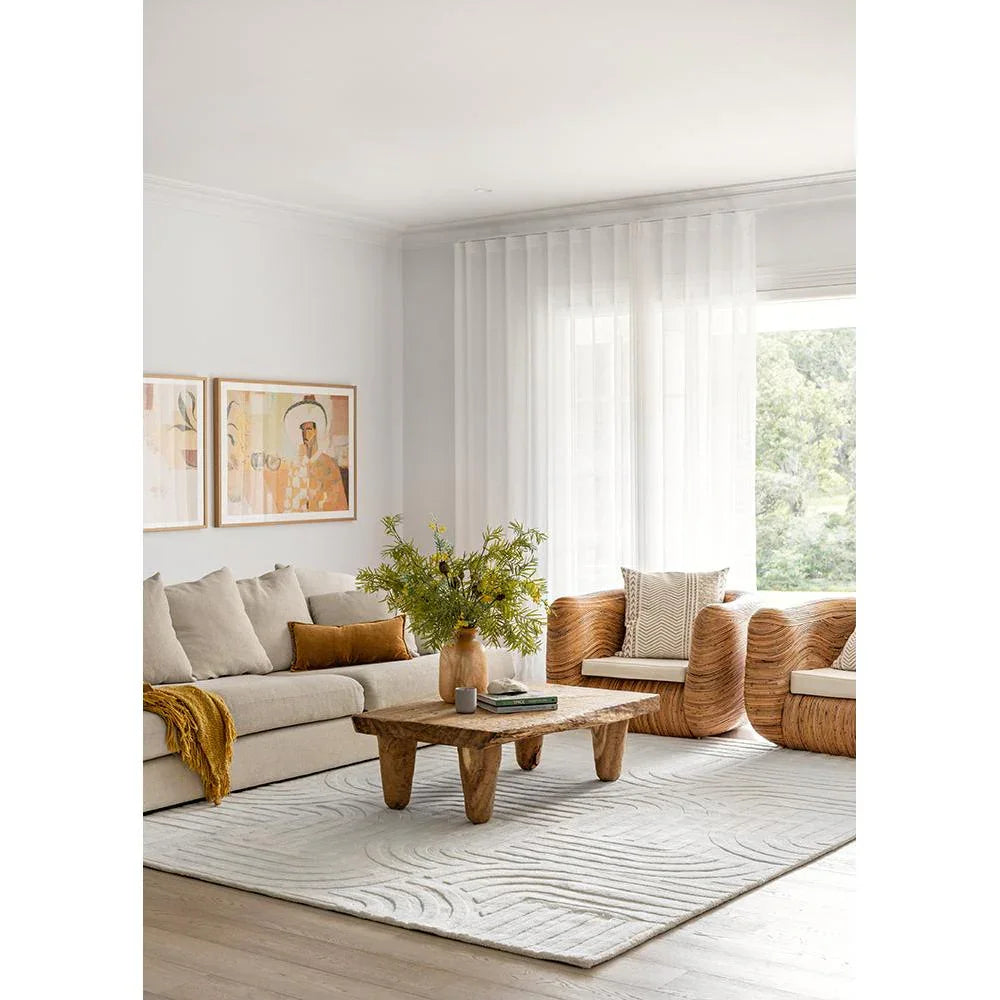 Darren Palmer Zen White Rug featuring calming curved-line motif in white, ivory and grey on cream, hand-tufted wool