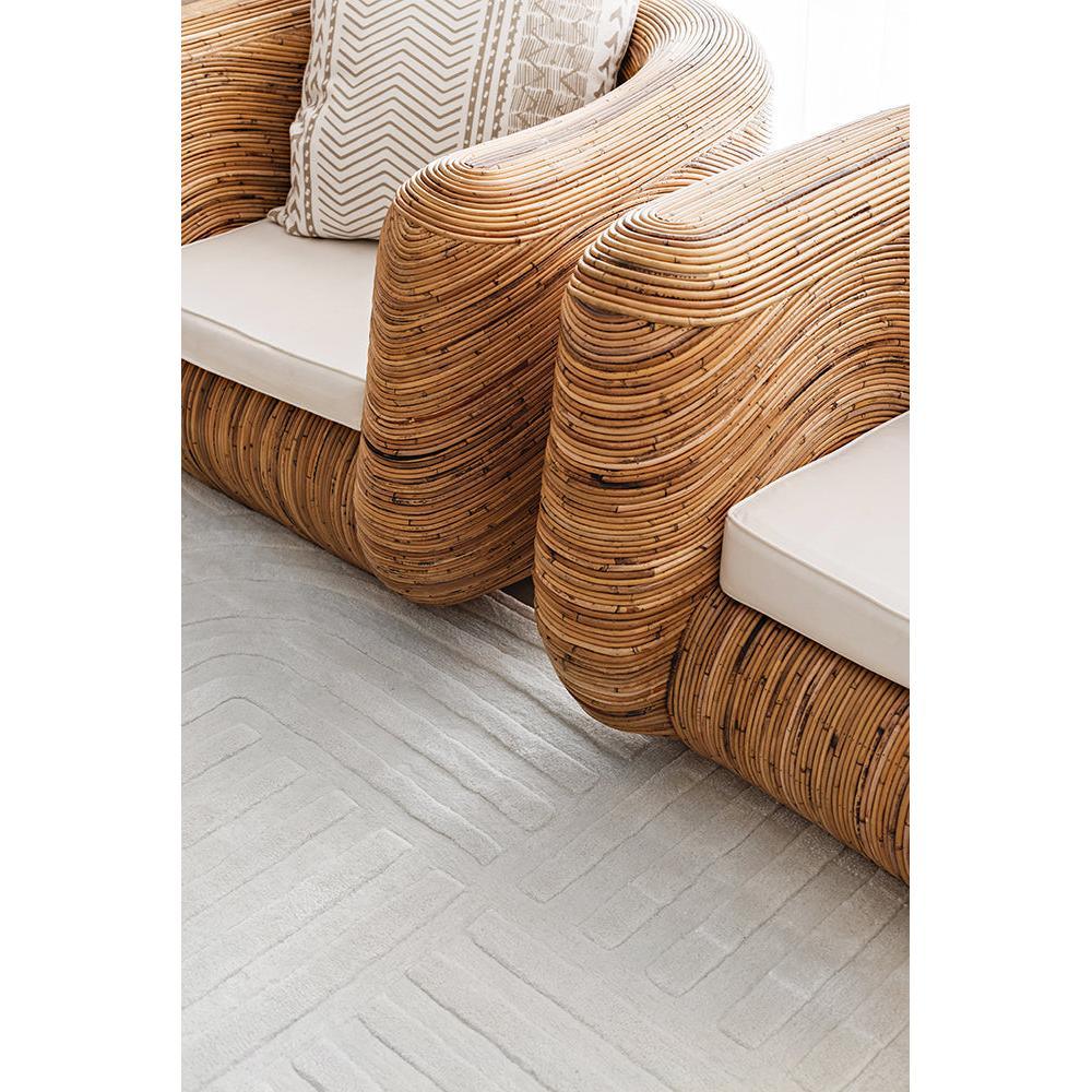Darren Palmer Zen White Rug featuring calming curves in ivory, dove grey and light grey on white, hand-woven wool