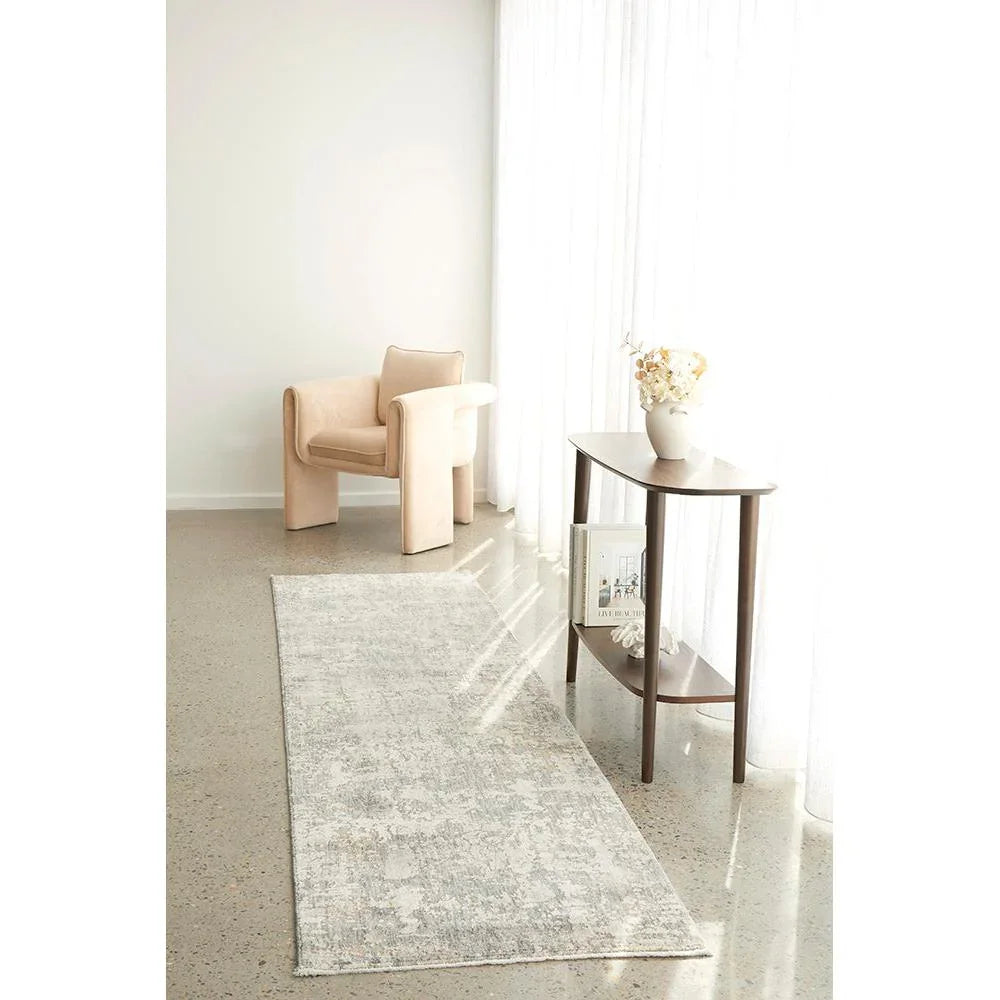 Emma Blomfield Haze Slate Runner Rug featuring abstract pattern in slate grey, light grey and cream on ivory background, machine-made wool