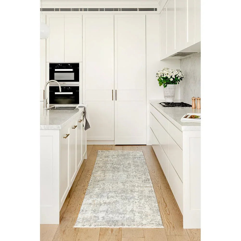 Emma Blomfield Haze Slate Runner Rug featuring abstract pattern in slate and light grey on ivory, hand-tufted wool