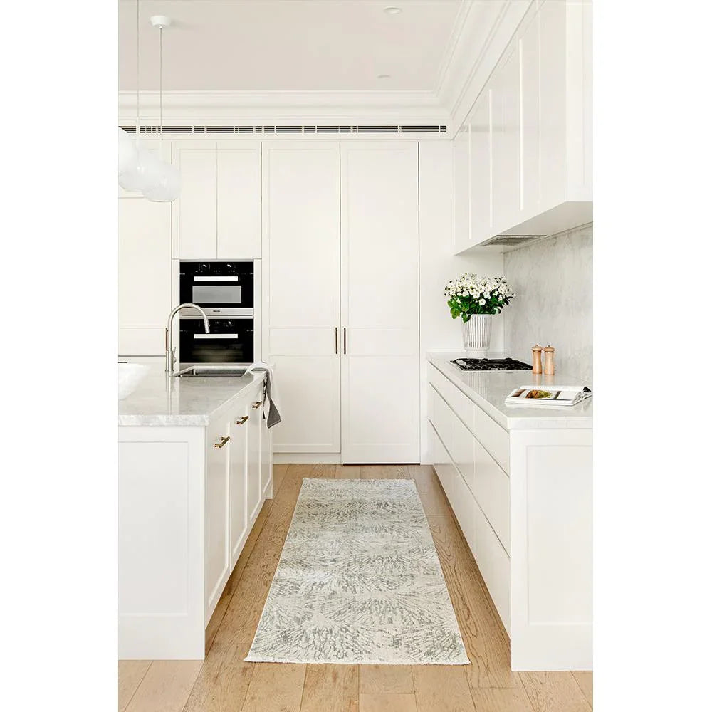 Emma Blomfield Plume Frost Runner Rug featuring soft grey, ivory and cream pattern on ivory background, hand-tufted wool