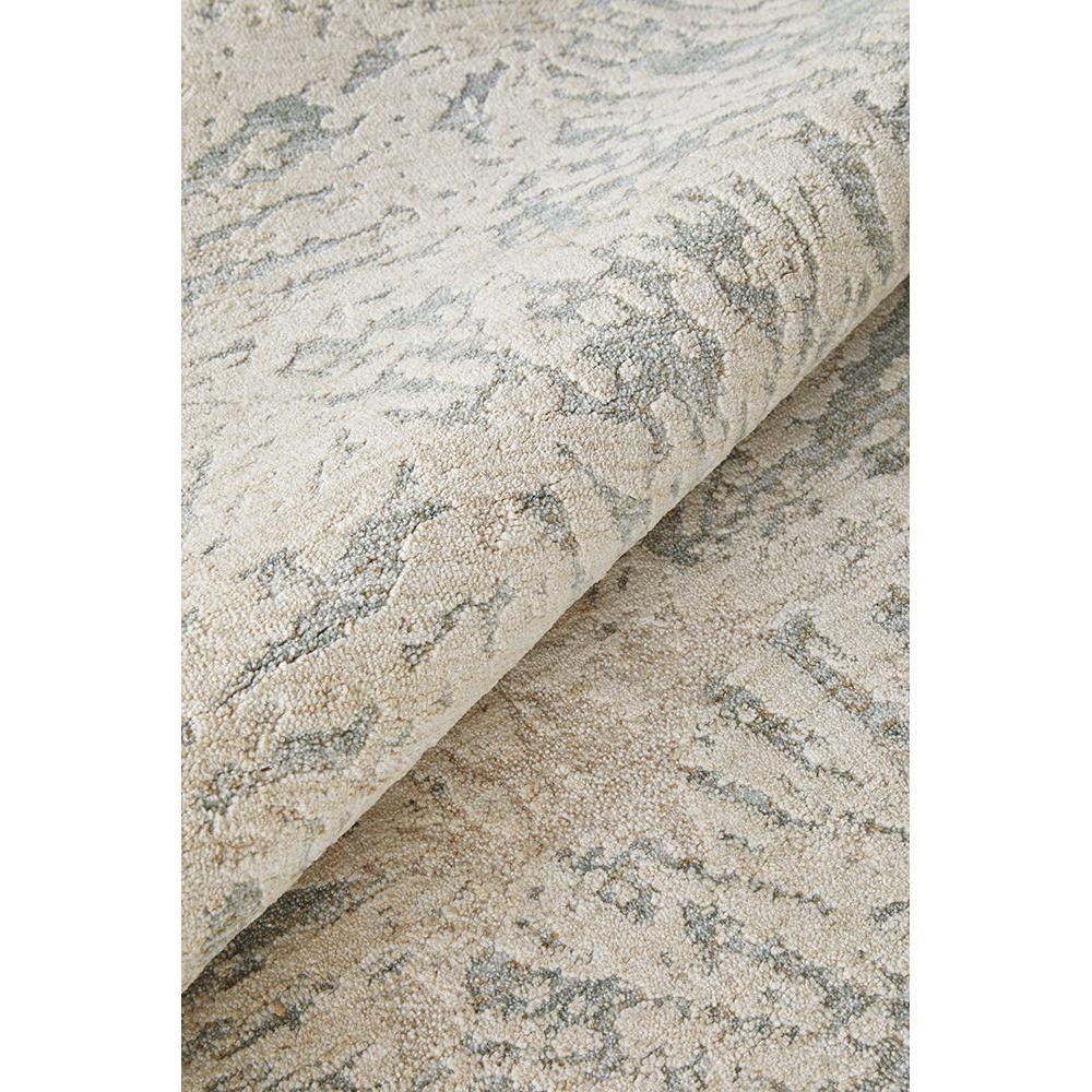 Emma Blomfield Plume Frost Runner Rug with abstract motif in cream, blue-grey and taupe on cream background, tufted wool
