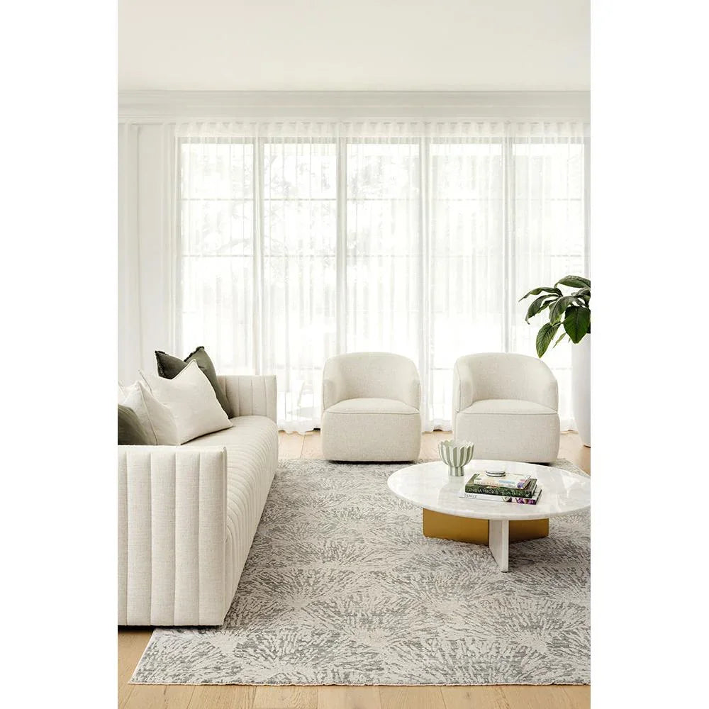 Emma Blomfield Plume Frost Rug featuring botanical pattern in ivory and pale grey on ivory background, hand-tufted wool