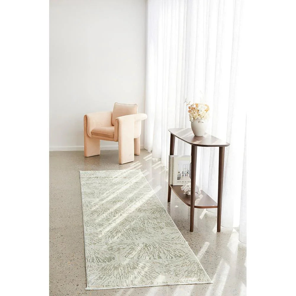Emma Blomfield Plume Moss Runner Rug featuring botanical pattern in sage-green, moss-green and cream on ivory, tufted wool