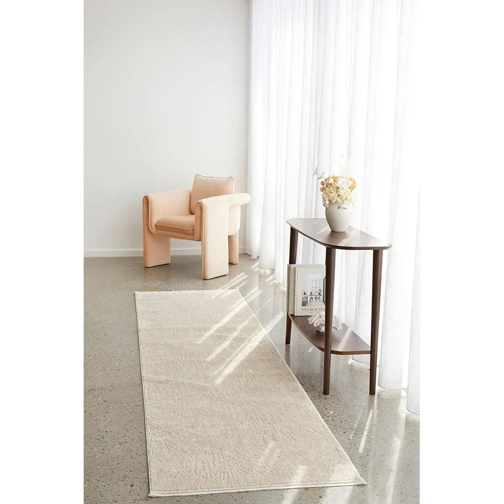 Emma Blomfield Plume Oat Runner Rug featuring minimalist cream and ivory on pale grey floor, machine-made wool