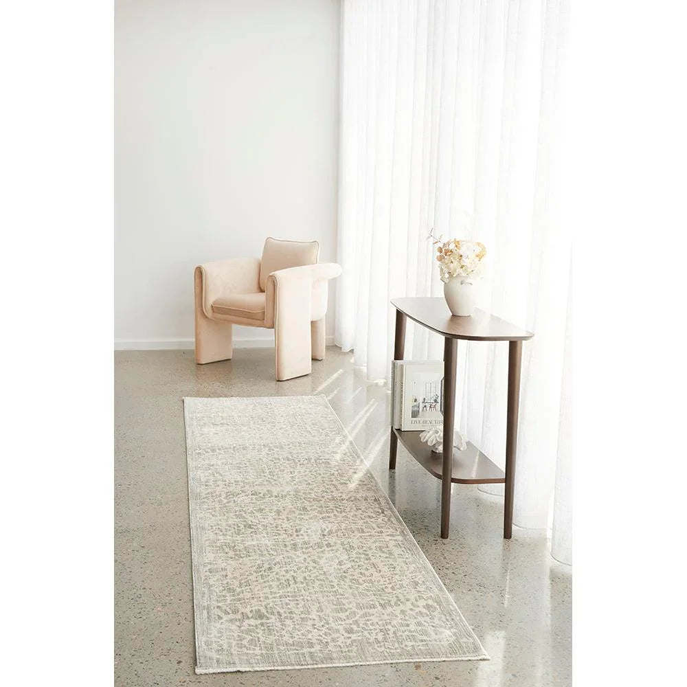 Emma Blomfield Rogue Mist Runner Rug featuring abstract pattern in ivory, grey and taupe on cream, machine-made wool