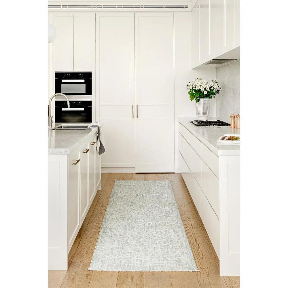 Emma Blomfield Rogue Mist Runner Rug featuring abstract pattern in pale dove grey and ivory on ivory background, machine-woven wool