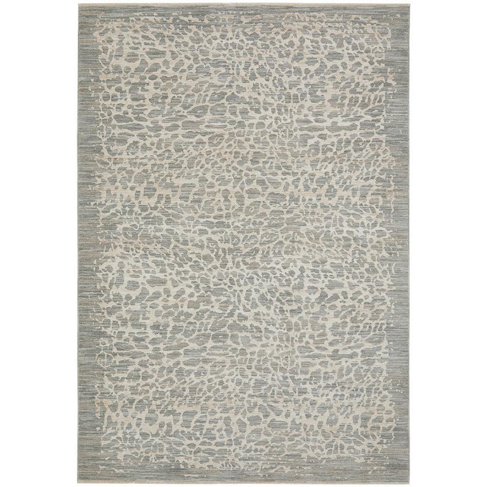 Emma Blomfield Rogue Mist Rug featuring leopard-like pattern in slate blue-grey, ivory and taupe on cream background, hand-tufted wool
