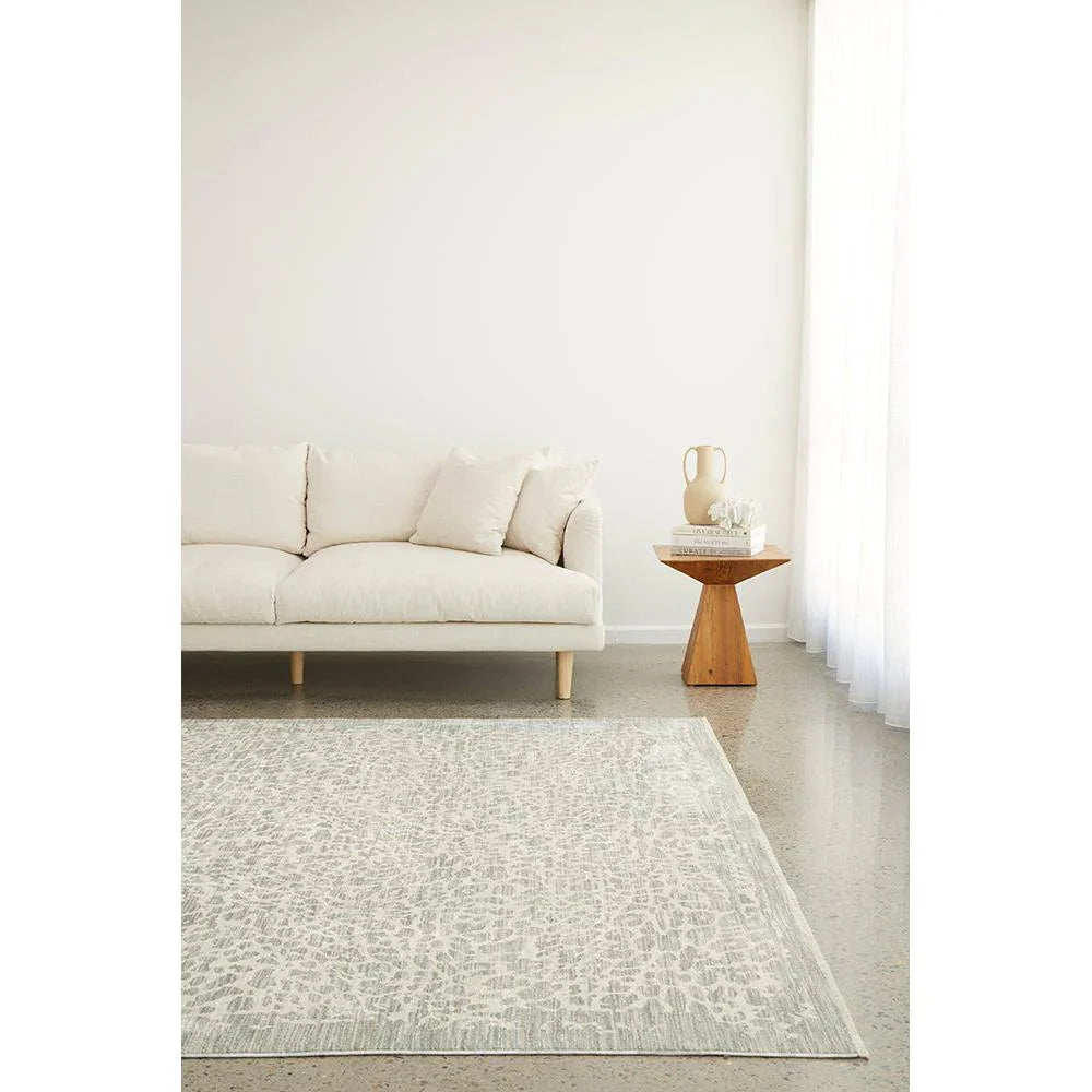 Emma Blomfield Rogue Mist Rug featuring abstract pattern in cream ivory light grey on pale beige floor hand-tufted wool