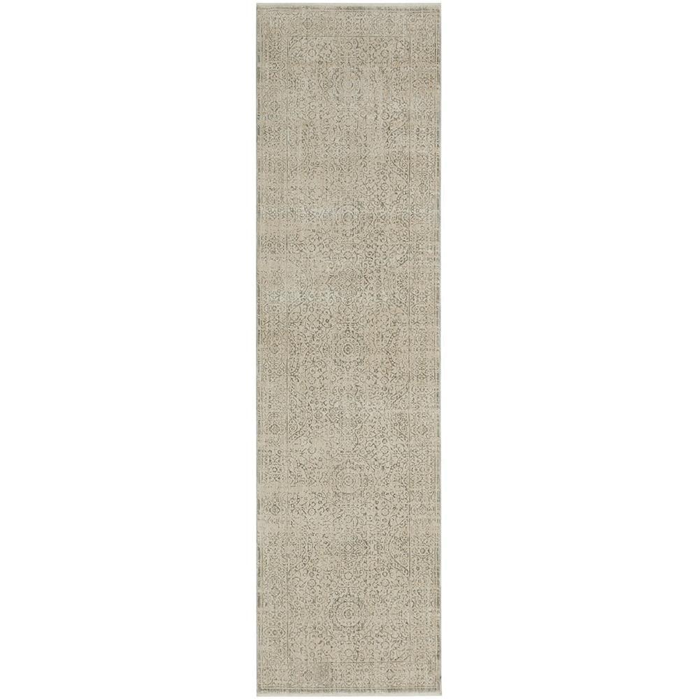 Emma Blomfield Veil Blue Runner Rug featuring damask in beige, taupe and cream on beige background, power-loomed wool