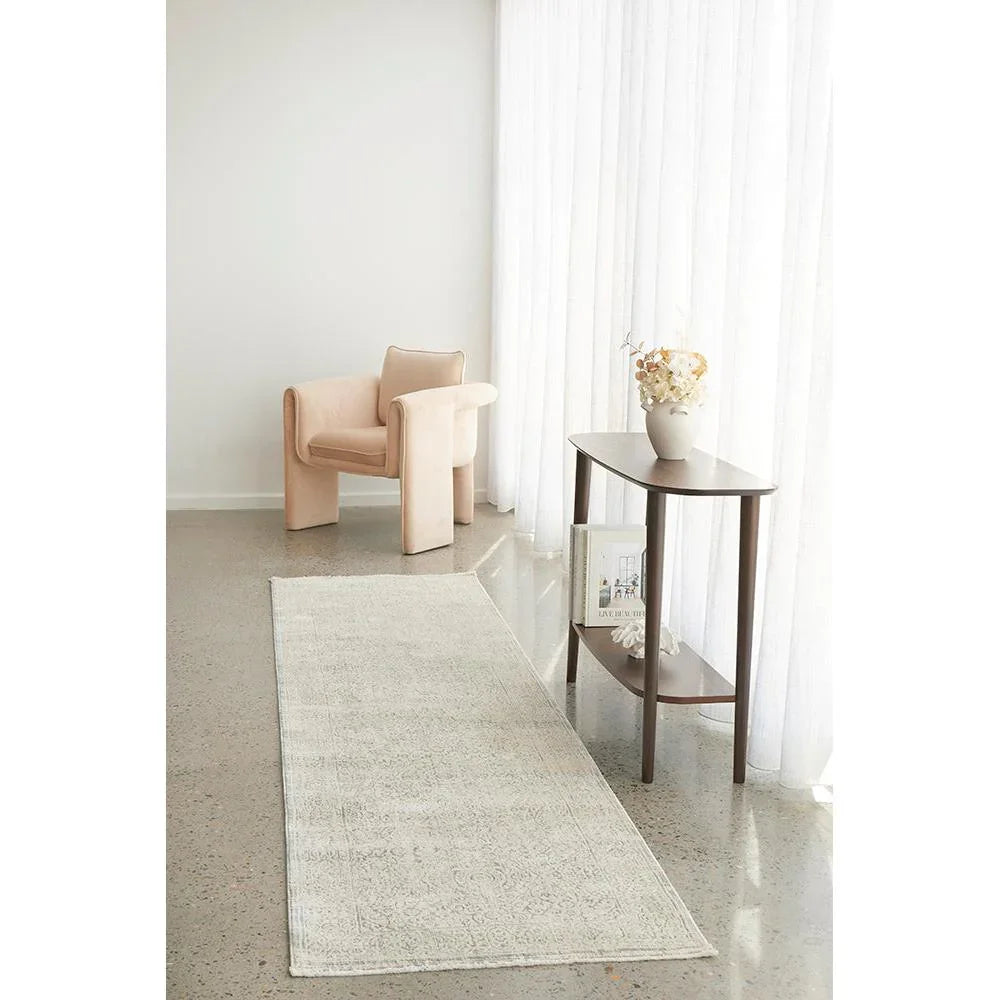 Emma Blomfield Veil Blue Runner Rug featuring damask pattern in ivory, pale blue and grey on cream backdrop, tufted wool
