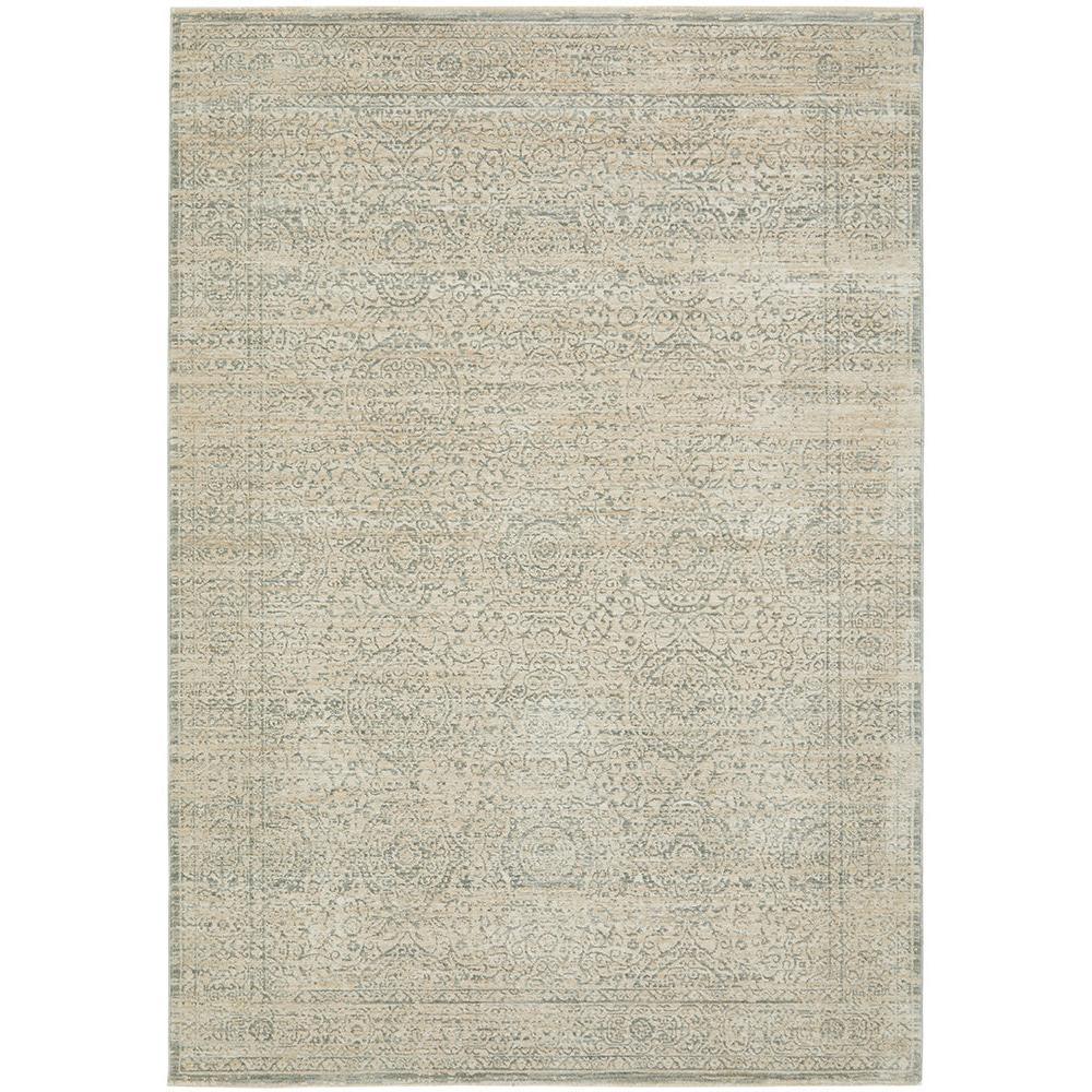 Emma Blomfield Veil Blue Rug featuring distressed vintage pattern in beige, blue-grey and taupe on cream, power-loomed wool