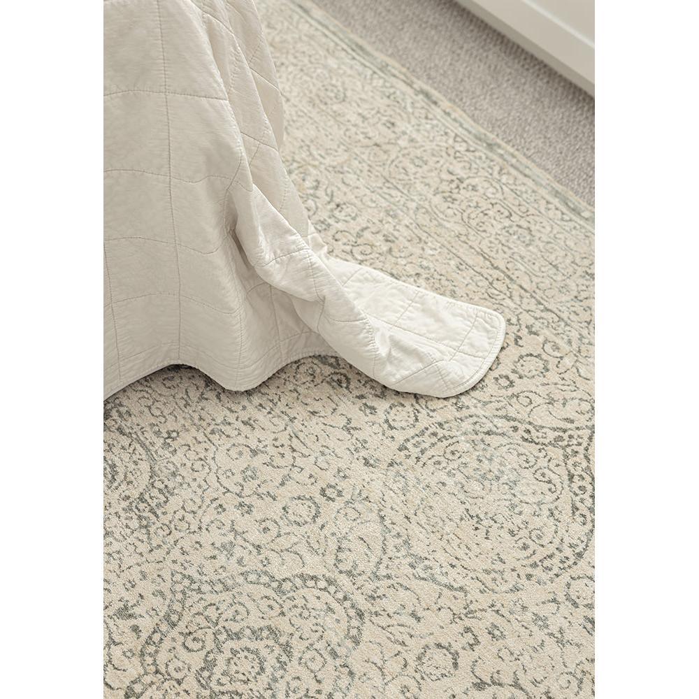 Emma Blomfield Veil Blue Rug featuring damask pattern in beige, cream and grey on ivory background, hand-tufted wool