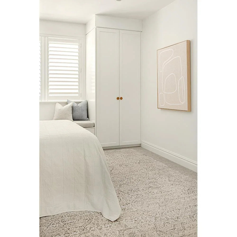 Emma Blomfield Veil Blue Rug featuring abstract arabesque pattern in pale grey on cream background, hand-tufted wool