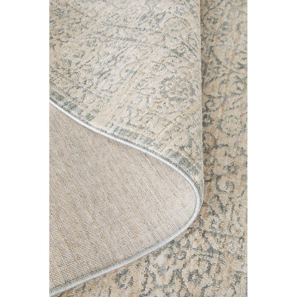 Emma Blomfield Veil Blue Rug featuring vintage damask in soft blue-grey, ivory and taupe on cream, machine-made wool