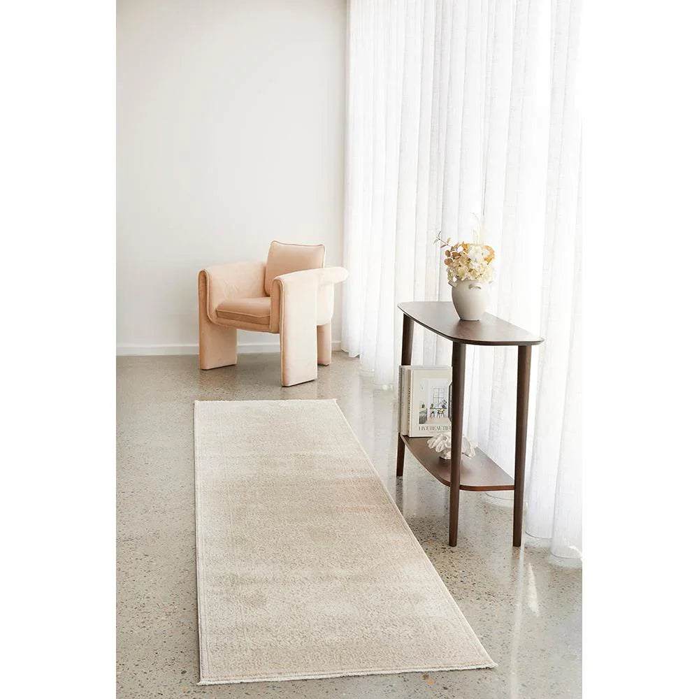 Emma Blomfield Veil Natural Runner Rug featuring tonal texture in ivory, cream and beige on pale grey floor, hand-tufted wool