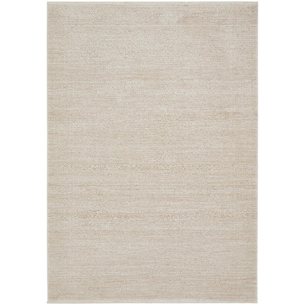 Emma Blomfield Veil Natural Rug with subtle tonal damask in cream, beige and taupe on white background, tufted wool