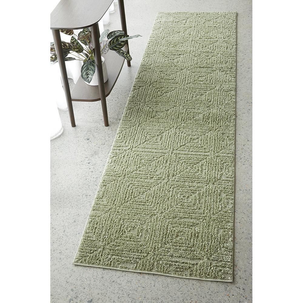 Marigold Shilo Green Runner Rug featuring geometric textured pattern in olive, sage and cream on pale cream background, hand-tufted wool