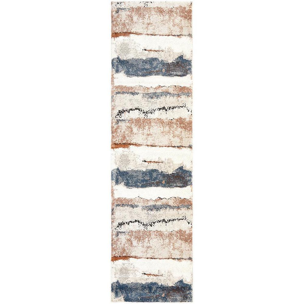 Long, narrow rug with horizontal stripes in blue, brown, and white on a white background