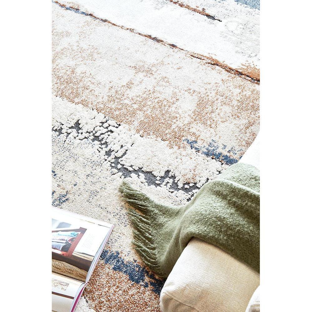 Mosaic Tan Runner Rug featuring abstract mosaic pattern in tan, cream, navy on beige background, hand-tufted wool