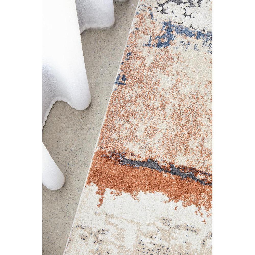 Mosaic Tan Runner Rug featuring abstract mosaic pattern in rust, tan, navy on cream background, machine-woven polypropylene