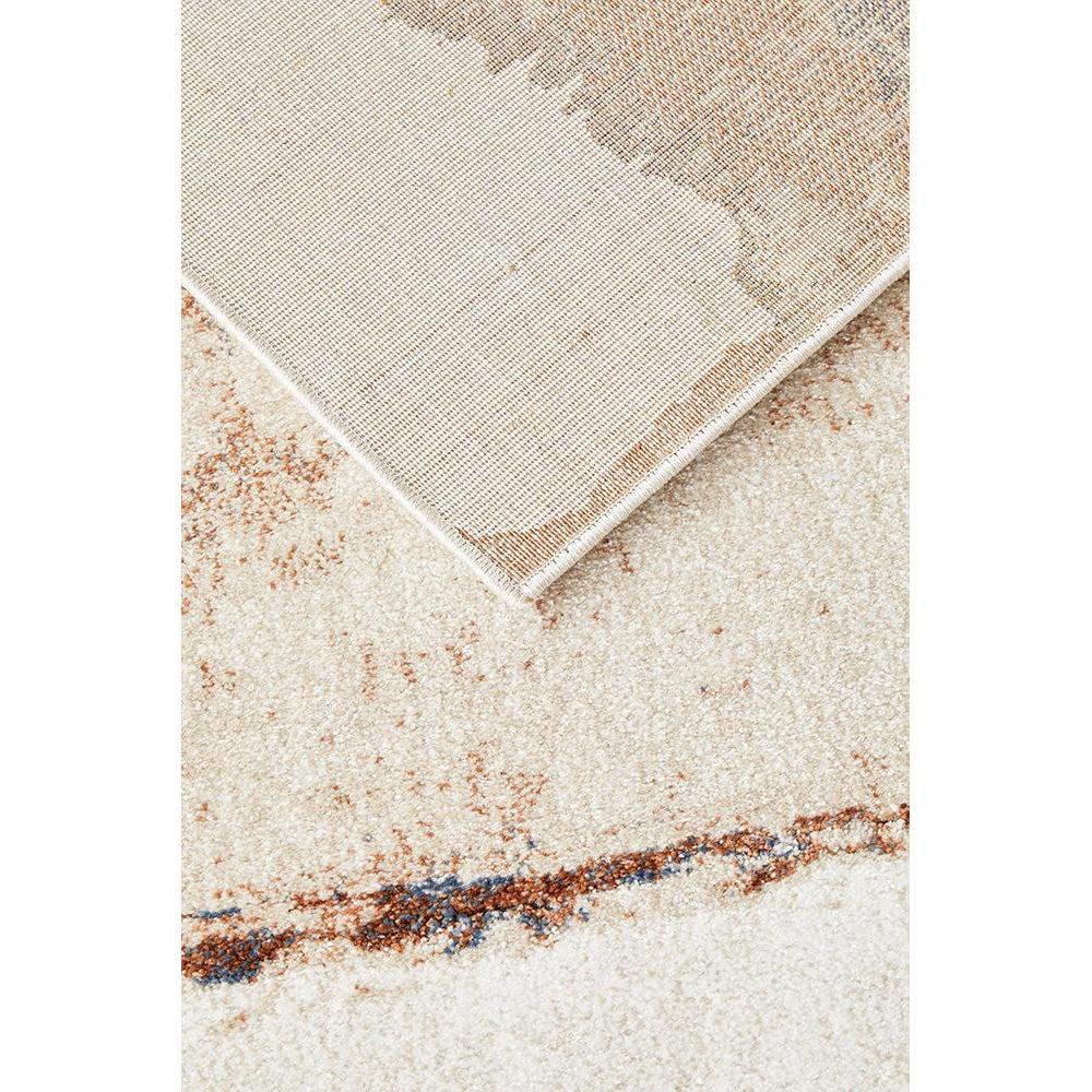 Mosaic Tan Runner Rug featuring mosaic/abstract pattern in tan, beige, rust and blue on cream background, machine-woven polypropylene