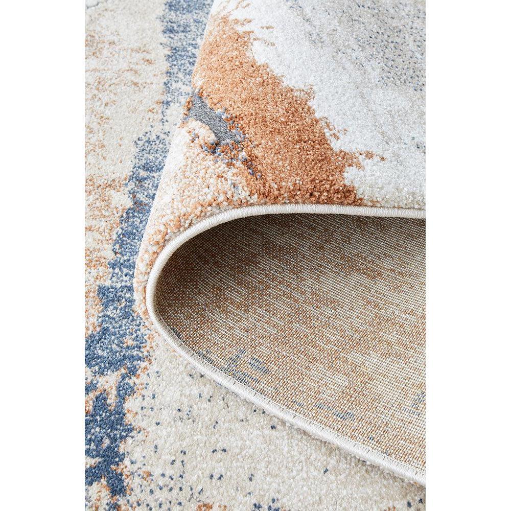 Mosaic Tan Runner Rug featuring abstract mosaic pattern in tan, peach, cream, powder blue and slate grey on ivory background, machine-woven polyester blend