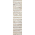 Beige and white striped runner rug on a white background