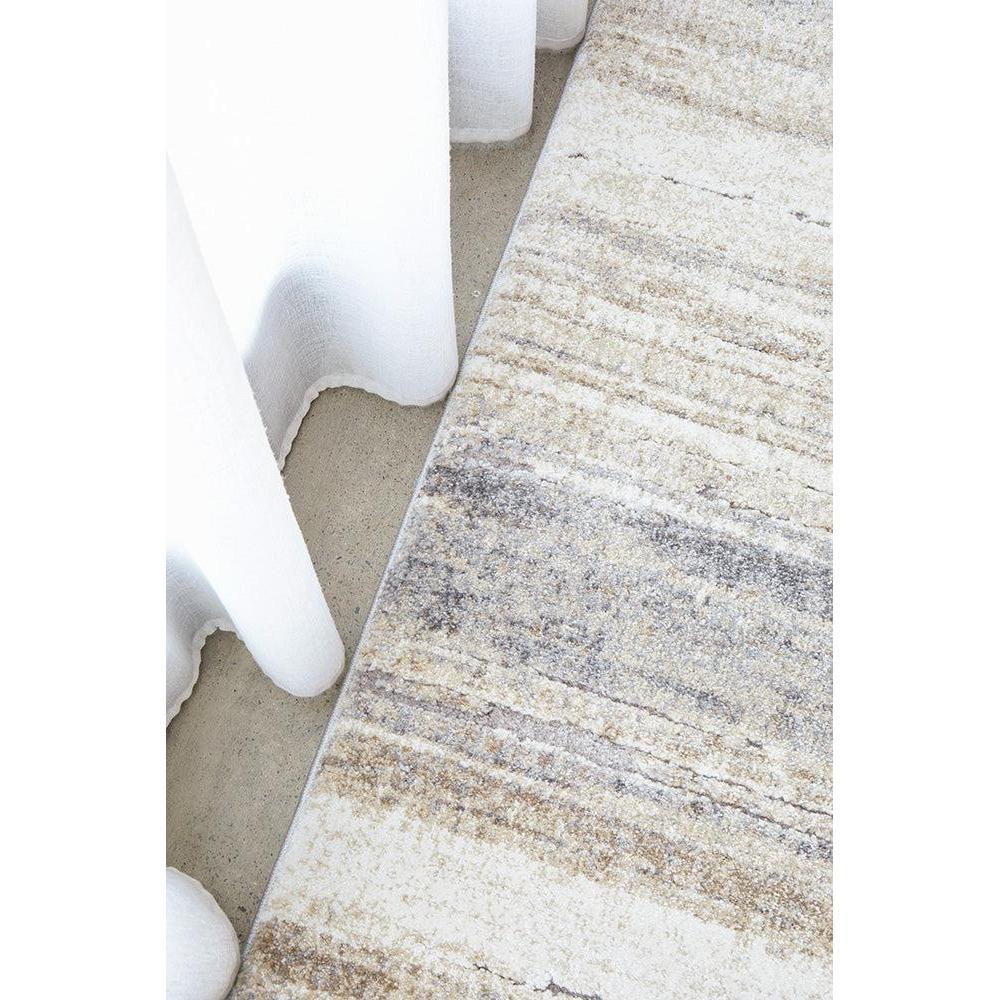 Mosaic Silver Runner Rug featuring abstract striped pattern in cream, beige and grey on light beige background, machine-woven polyester