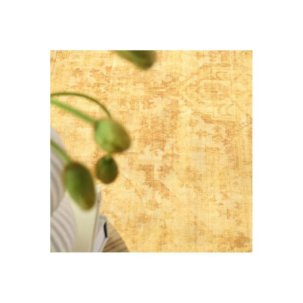 Gemstone Amber Rug featuring abstract distressed pattern in amber, ochre and ivory on warm beige background, hand-tufted wool
